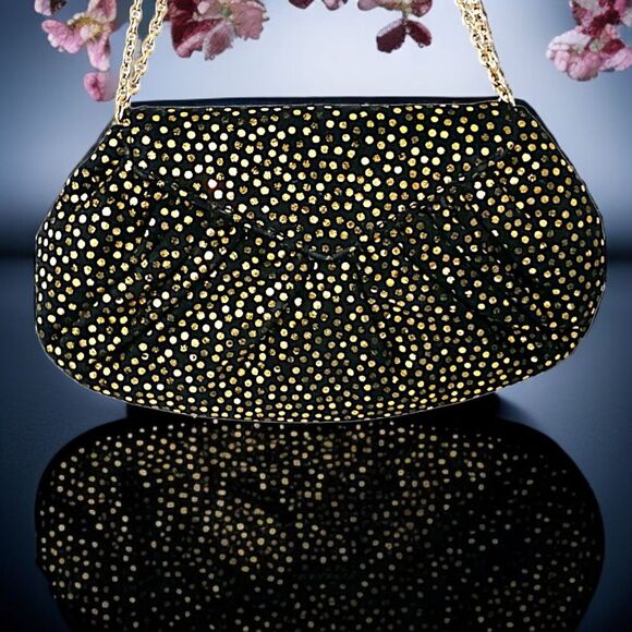 Lauren Merkin Suede Bag Black Gold Metallic Dots Chain Strap Evening Baguette. - Picture 1 of 16